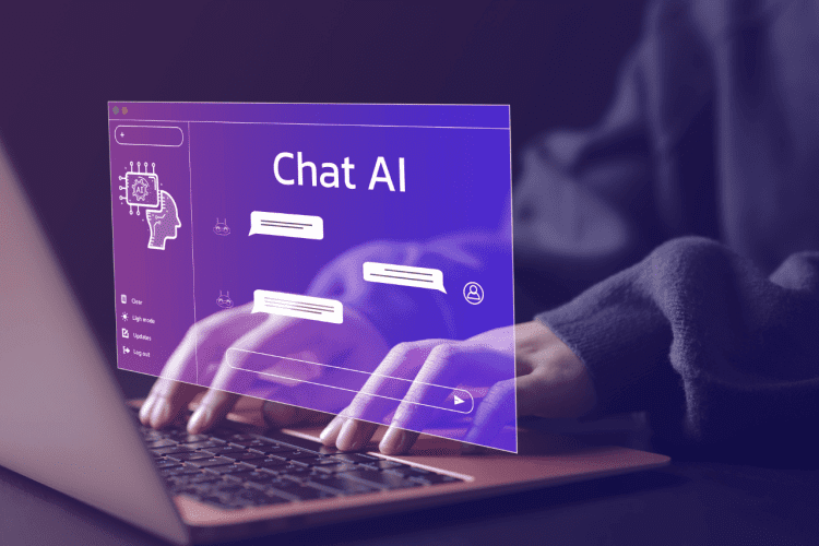 laptop , notification pop up "Chat AI", hands typing